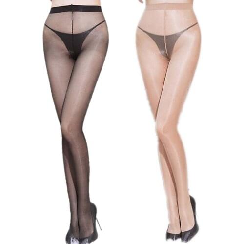 20D Oil Shiny Bright Footed Pantyhose Shimmery High Waist Seamless Tights Sexy See-Through Perspective Sheer Silky Stockings Lin