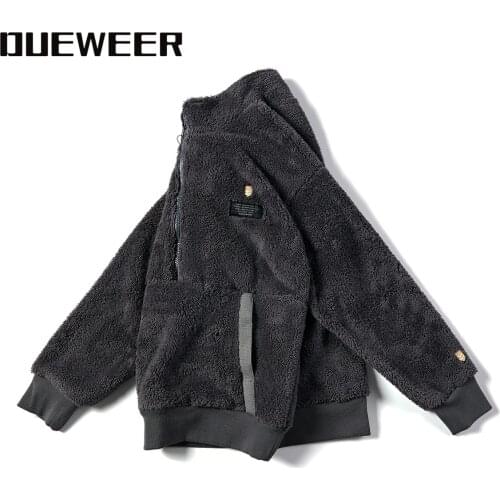 Dueweer Mens Jackets Outwear Harajuku Japanese Half Zip Autumn Winter Sherpa Fleece Jacket Thick Loose Casual Coats