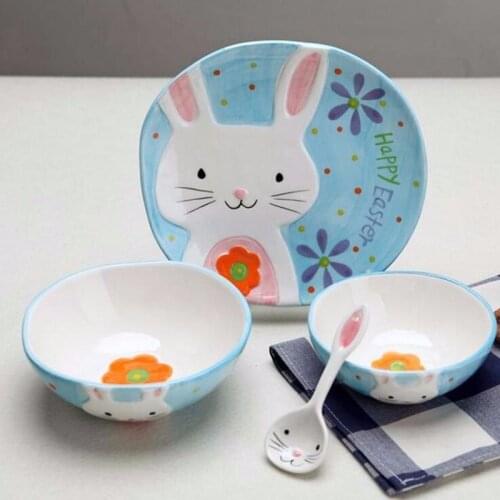 Cute Cartoon Animal Ceramic Wrist Hand-Painted Glazed Childrens Nice Bowl Household Rice Bowl and Dish 4-Piece Set
