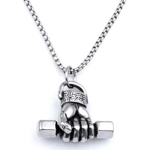 Fashion Men Punk Fist Pendant Necklace Fitness Fist Dumbbell Stainless Steel Chain Street Style Pendants Unisex Jewelry Gift
