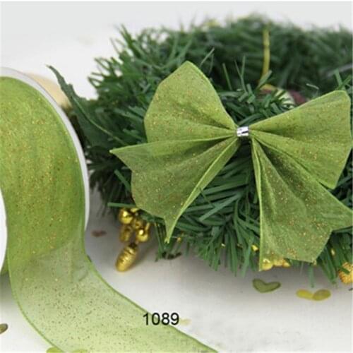 N1089 38mm(1-1/2") Spring green ribbon glitter organza gift packaging wired edge ribbon 25yards roll