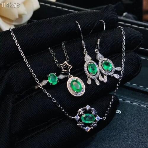 Natural green emerald ring Pendant Earrings Bracelet Natural Gemstone Jewelry Set S925 Silver fashion Flower Women gift jewelry