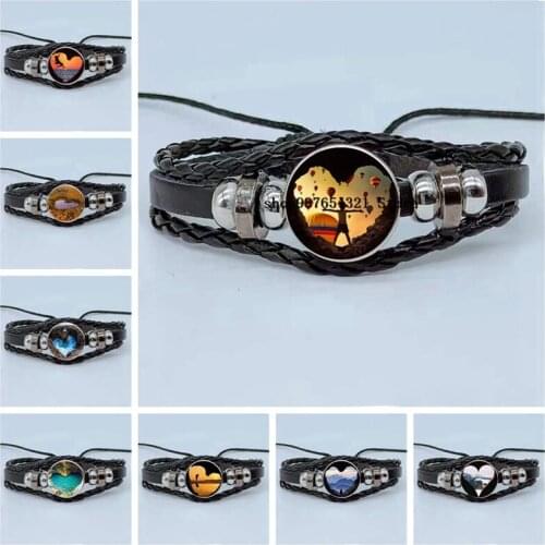 New Heart-shaped Landscape Keychain Cabochon Glass Fashion Multilayer Woven Leather Bracelet Birthday Gift Souvenir