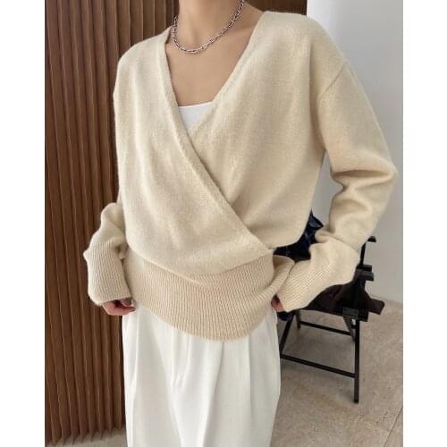 Obrix Fashion Office Lady Pullover V-Neck Criss Cross Neckline Full Sleeve Loose Female Sweet Pullover For Spring and Autumn