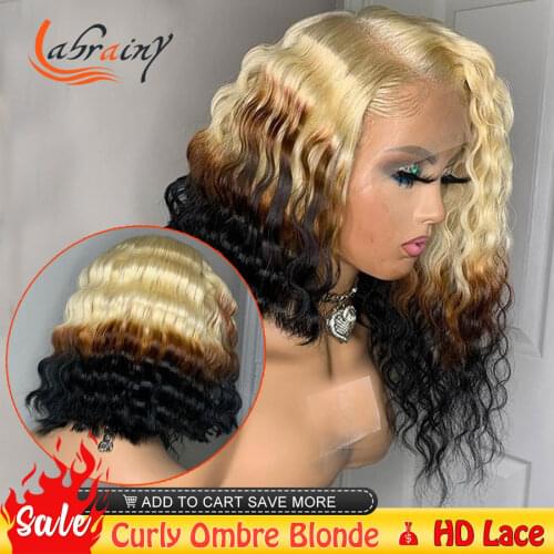 Deep Wave Blonde Hd Transaprent Lace Frontal Human Hair Wigs Kinky Curly Pre Plucked Full Ombre 1B 613 Colored Pixie Bob 13x6