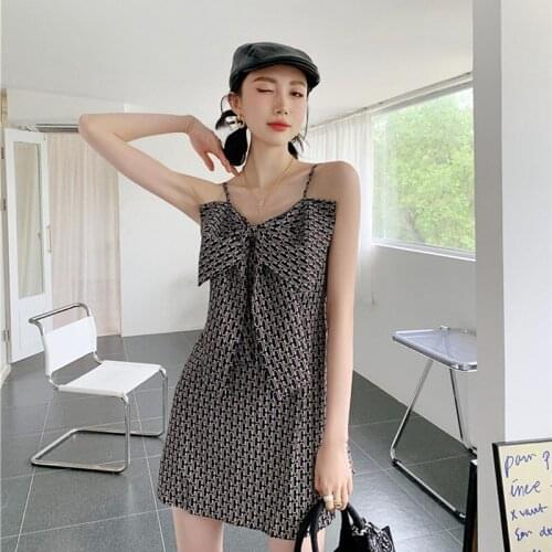 Sexy Spaghetti Strap Backless Summer Dress 2021 Summer New Fashion Big Bow V-Neck temperament Slim Dress Women Clothing