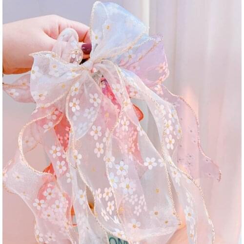 New Korean Rainbow Bow Ribbon Sun Flower Elastic Hair Bands Mermaid Gauze Kids Girls Hairband Casual Jewelry Hair Accessories