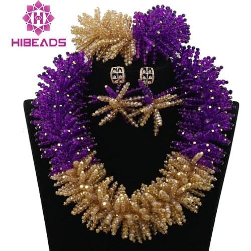 Luxury Purple and Gold African Statement Necklace Set Gothic Nigerian Wedding Jewelry Set for Bride Gift Free Shipping WA608