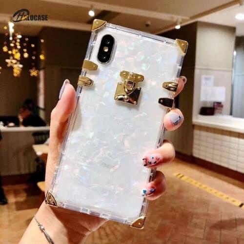 Luxury Square Clear TPU Cases For iPhone 12 11 Pro XS Max X XR 6 7 8 Plus Soft Silicone TPU Bling Metal Conch Cover Capa Funda