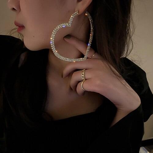 Big Heart Crystal Hoop Earrings for Women Exaggeration Geometric Earrings Rhinestones Statement Jewelry Party Accessories Gift
