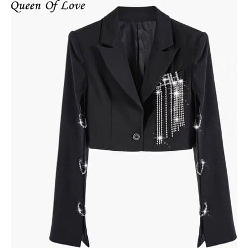 Long Sleeve Crop Top 2021 New Autumn Fashion Elegant Blazer Women Rhinestone Brooch Design Loose Jackets And Coats Y2k