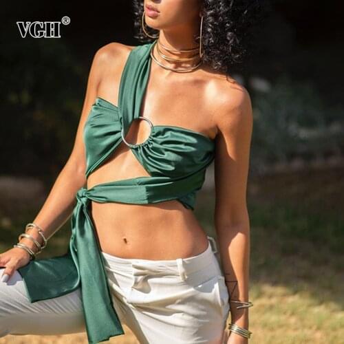 VGH Sexy Green Vests For Women Skew Collar Sleeveless Lace Up Hollow Out Slim Short Tank Tops Female 2021 Summer Fashion Clothes