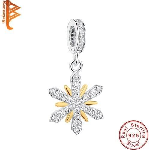 High Quality 925 Sterling Silver Beads Gold Color Crystal Snowflake Charms Fit Original Bracelet Pendant Jewelry Making