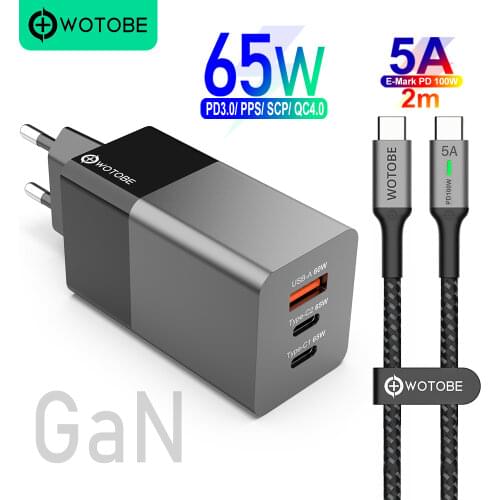 WOTOBE 3port 65W GaN USB C PD Wall Charge 65W/45W/20W PD3.0/QC/PPS/SCP 5A cable For USB-C Laptops MacBook iPhone Samsung Huawei
