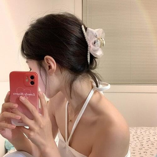 Japan and South Korea new style net red bow high-quality pearl catch clip hair clip back head shark clip hair ornament headdress