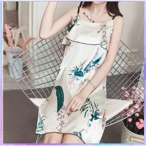 Women Cartoon Sleepwear Print Dress Ice Silk Cute Animal Nightgrown Strap Nighty Sexy Lingerie Female Summer Flowers Plants
