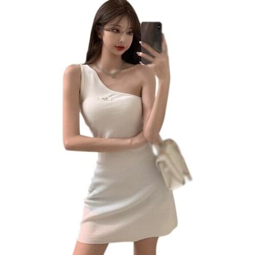 Women Irregular Diagonal Collar Slim Sexy Sleeveless Dresses Summer Casual Vestidos New