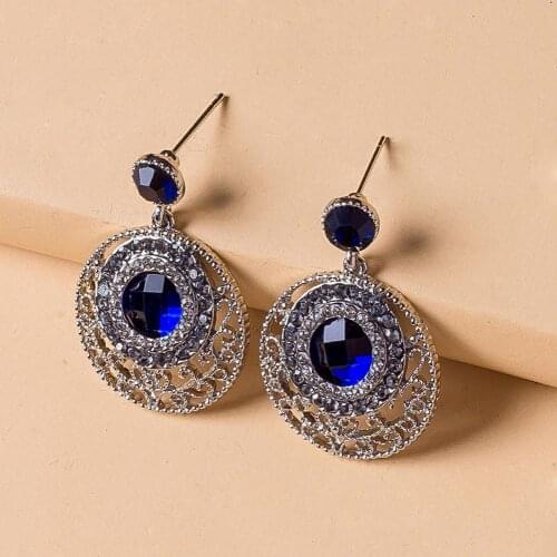 Women Simple Blue Rhinestone Hollow Round Ear Stud Earrings Jewelry Accessory