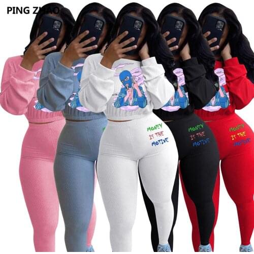 PING ZHAO Fall Winter Cartoon Letter Print Knit Womens Set Sweater Tops Legging Pants Suit Tracksuit Two Piece Set