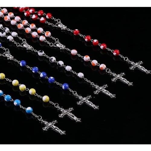 8mm crystal heart-shaped beads rosary Catholic rosary necklace ladies long chain necklace Jesus cross necklace. 48 pieces