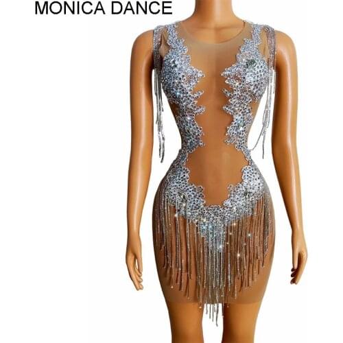 Women Sexy Sparkly Silver Rhinestones Chain Dress Transparent Birthday Prom Celebrate Birthday Dress Bar Evening Singer Dress