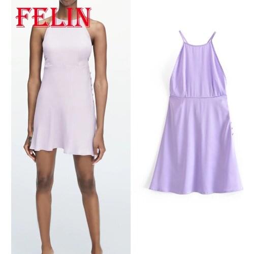 FELIN Za Silk Violet Sexy Women Dress Button Backless Mini Cami Dresses Female Summer Fashion 2021 Party Chic Mujer Vestidos