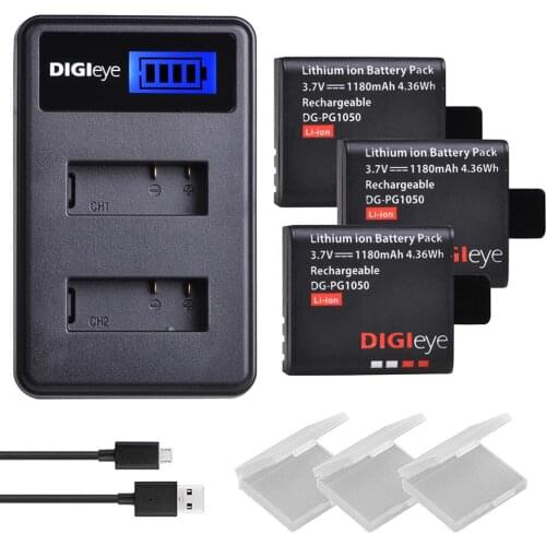 3Pcs 1180mAh PG1050 Rechargeable Battery + LCD Dual Charger for 4k Action Camera AKASO EK7000 EKEN H9R SJCAM SJ4000 DBPOWER