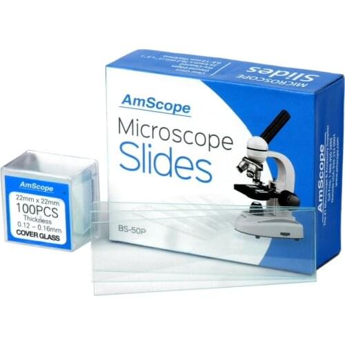 AmScope 50 Pre-Cleaned Blank Microscope Slides + 100 22x22mm Square Cover Glass BS-50P-100S-22