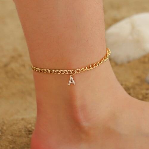 Letter A Starry Bling Rhinestone Simple Alloy Golden Silver Plated Foot Ankle Bracelets Anklets for Women