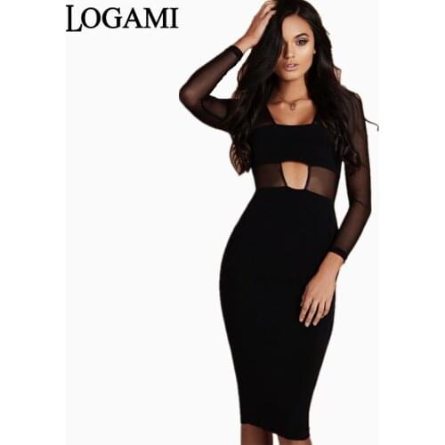 LOGAMI Black Bodycon with Transparent Inserts Long Sleeve Mesh Dress Sexy Midi Party Dresses Club Wear 2017 Dress Vestidos