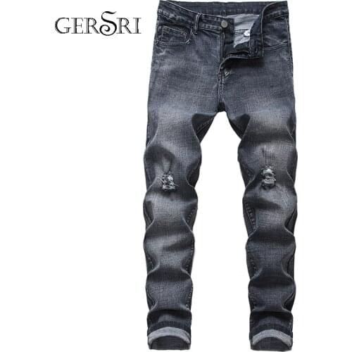 Gersri Autumn And Winter Men Hole Stretch Jeans Black Gray Straight Slim Men Denim Trousers