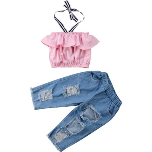 Boutique Toddler Kids Baby Girl Off Shoulder Top+ Denim Hole Pants Outfit Clothes Size 2-6T