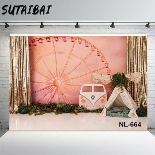 Fantasy Ferris Wheel Gold Curtain Photography Backdrops Boho Tent Car Adventure Jungle Background Girls Baby Shower Photo Studio