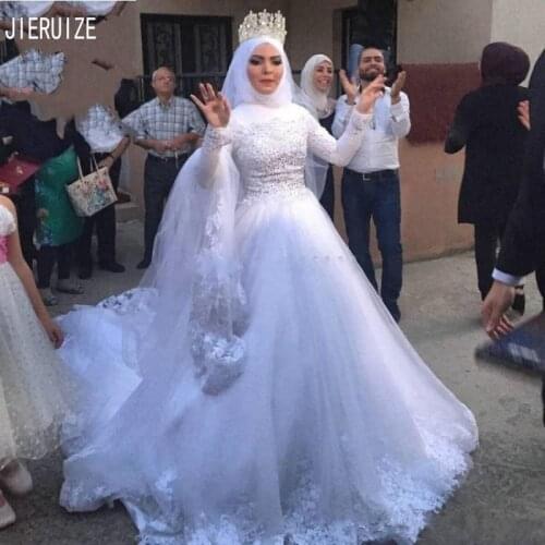 JIERUIZE Modest Muslim Wedding Dresses With Long Sleeves High Neck Lace Up Back Beaded Arabic Bridal Dresses vestido de noiva