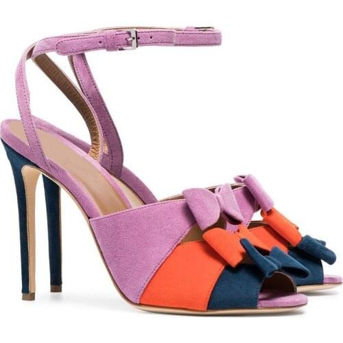Summer Multi-color Bowtie Suede Patchwork Sandals Women Peep Toe Ankle Strap Buckle Female Gladiator Party High Heels