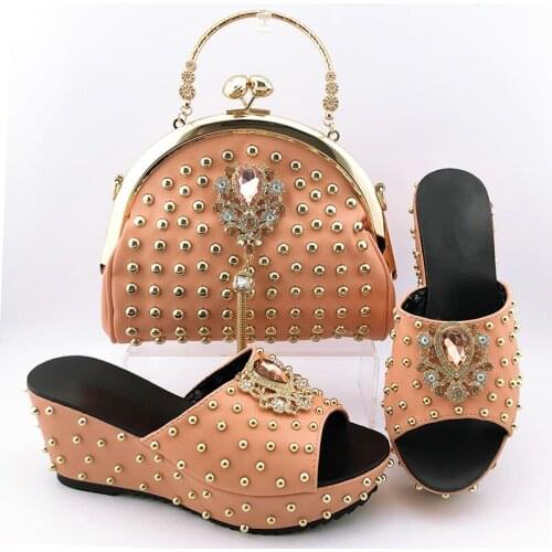 Fashion peach women pumps and bag set with rhinestone decoration african shoes match handbag for dress QSL016,Heel 7.5CM
