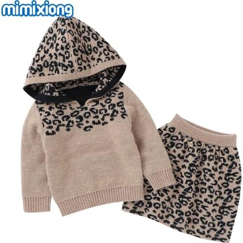 Fashion Leopard Knitted Baby Girls Clothes Sets Long Sleeve Hoodie Tops + Skirts 2PC Toddler Kids Outfits Autumn Winter Knitwear