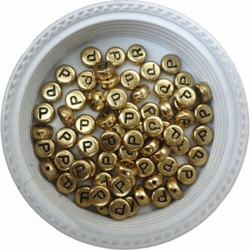 Wholesale Price Black Single Letter P Rrinting Acrylic Alphabet Beads 3600PCS 4*7MM Golden Plastic Jewelry Letter Space Beads