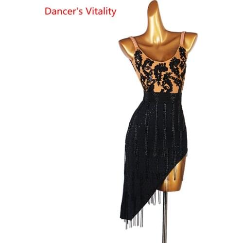 Latin Dance Dress Diamond V-Neck Sling Skirt Performance Clothes Profession Custom Female Adult Child Competition Clothing