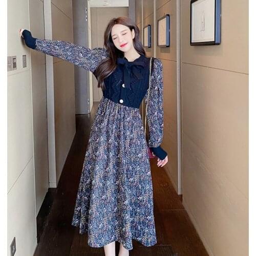 LLZACOOSH New Autumn Spring Bowknot Collar Knitting printing Patchwork Women Casual Full Sleeves Office Party Dresses Vestidos