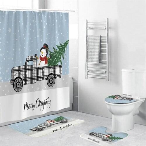 Simple Christmas Tree Snowman Car Cartoon Series 3D Shower Curtain Set Christmas Home Decor Non-slip Toilet Seat Cover Bath Mat