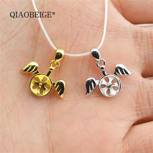 QIAOBEIGE 1pc Silver Color Necklace Pendant Setting small Angel 925 Sterling silver Pearl Tray Blank Jewelry Making Finding