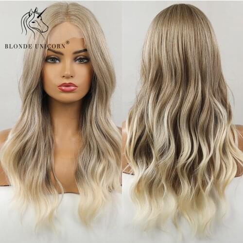 Blonde Unicorn Long Wavy Synthetic Lace Part Hair Wigs Ombre Light White Blonde For Black White Women Heat Resistant Daily Use