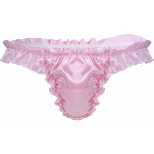 Men Sissy Panties Soft Smooth Satin Frilly Ruffle Seamless Bikini Briefs Erotic Sexy Lingerie Thong Crossdresser Gay Underwear
