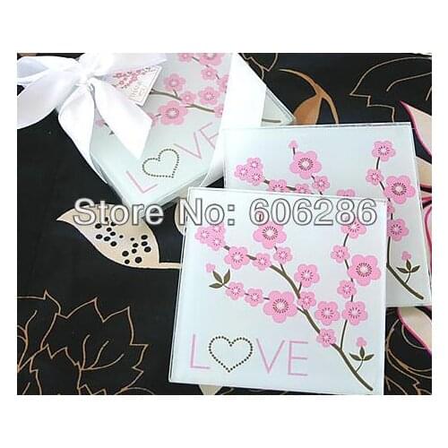 Ywbeyond 200pcs(100sets)/LOT Elegant Love Japaniese theme plum Blossom flower square glass coaster wedding favors gifts