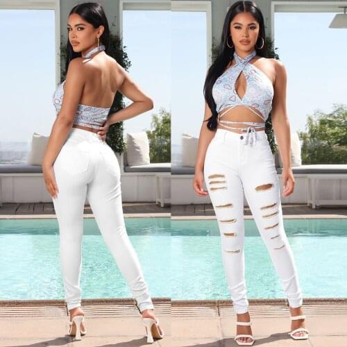 Women White Stretch Ripped Jeans Skinny Jeans Women Denim Pants Holes Destroyed Knee Pencil Pants Casual Trousers Plus Size