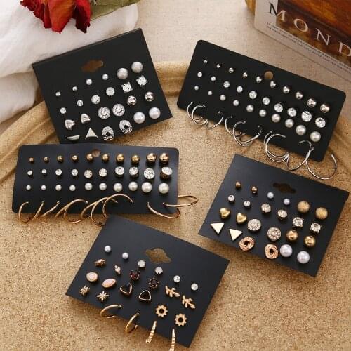 EN crystal square heart-shaped earrings female models perforated pearl flower stud set statement girl gift