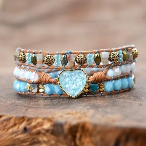 Blue Opal Heart Golden Full Beads Women Unique Wrap Bracelets