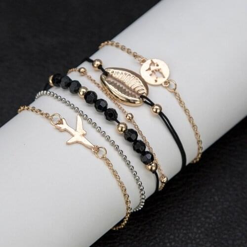 Miss JQ 6 Pcs/Set Earth Map Seashell Aircraft Bead Charm Bracelets for Women Bohemian Stone Leather Chain Bracelet Party Jewelry