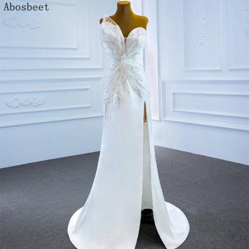 White Satin One Shoulder Evening Dress Mermaid Sexy Side Split 3D Bow with Beading Small Train Long Prom Party Women Gown